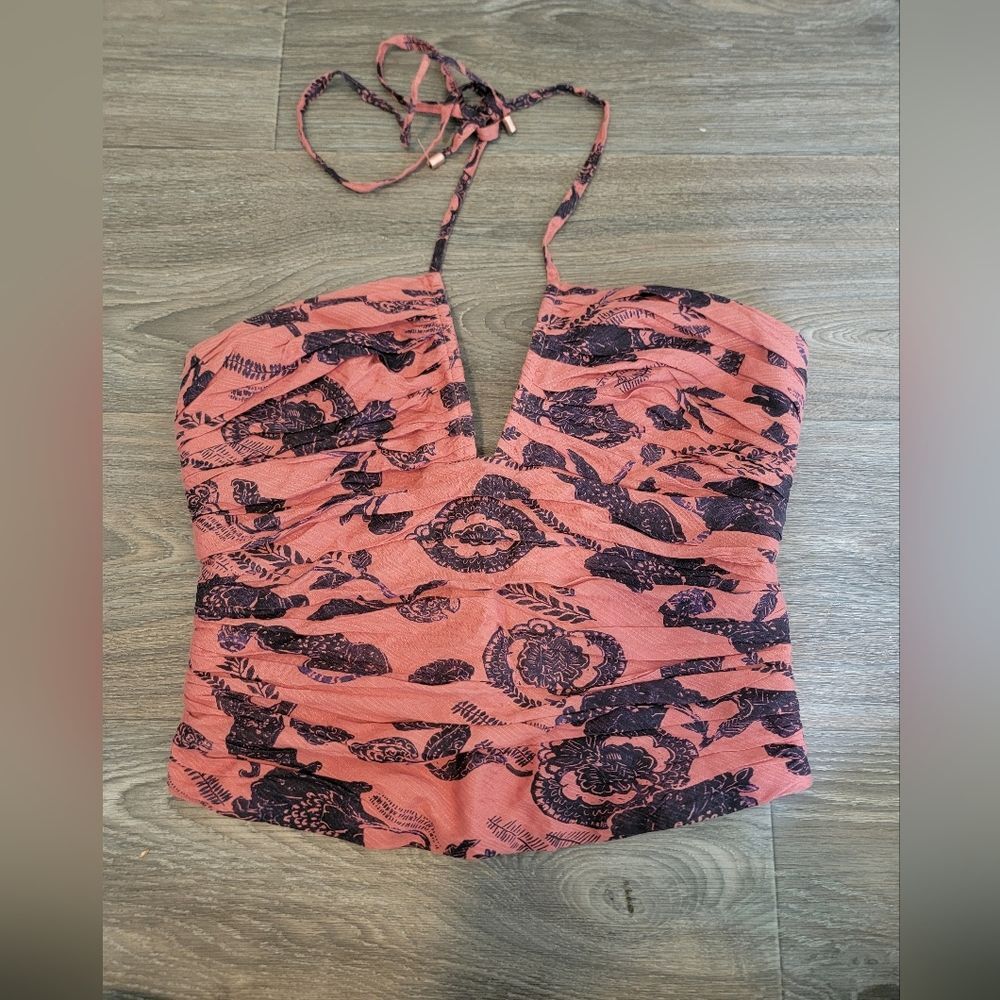 Anthropologie Ruched Halter Pink Rose Top  Smocked Feminine 8